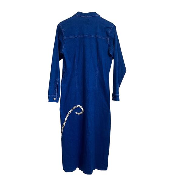 Vintage 90s Cat Lady Denim Shirt Dress Size M Blue Jean Embroidered Stretch Fun - Picture 2 of 9